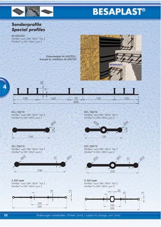 BESAPLAST®
     Sonderprofile
     Special profiles
     AA 650/323
     Nitriflex® nach DIN 18541 Teil 2
     Nitriflex® to DIN 18541 part 2




                                    Einbaubeispiel AA 650/323 /
                               Example for installation AA 650/323

                                                                                             BESAPLAST®




4



     ACL 150/10                                                      DCL 150/10
     Nitriflex® nach DIN 18541 Teil 2                                Nitriflex® nach DIN 18541 Teil 2
     Nitriflex® to DIN 18541 part 2                                  Nitriflex® to DIN 18541 part 2




     ACL 230/10                                                      DCL 230/10
     Nitriflex® nach DIN 18541 Teil 2                                Nitriflex® nach DIN 18541 Teil 2
     Nitriflex® to DIN 18541 part 2                                  Nitriflex® to DIN 18541 part 2




     A 320 Injekt                                                    D 320 Injekt
     Nitriflex® nach DIN 18541 Teil 2                                Nitriflex® nach DIN 18541 Teil 2
     Nitriflex® to DIN 18541 part 2                                  Nitriflex® to DIN 18541 part 2




52                          Änderungen vorbehalten, Einheit: [mm] / subject to change, unit: [mm]
 