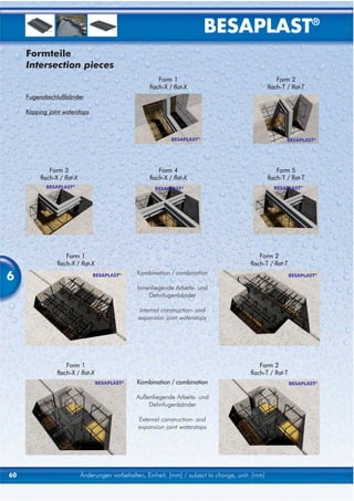 BESAPLAST®
     Formteile
     Intersection pieces
                                                          Form 1                                         Form 2
                                                      flach-X / flat-X                               flach-T / flat-T
     Fugenabschlußbänder

     Kapping joint waterstops



                                                               BESAPLAST®                                    BESAPLAST®




              Form 3                                      Form 4                                         Form 5
          flach-X / flat-X                            flach-X / flat-X                               flach-T / flat-T
            BESAPLAST®                                  BESAPLAST®                                     BESAPLAST®




                     Form 1                                                                     Form 2
                 flach-X / flat-X                                                           flach-T / flat-T

6                                BESAPLAST®       Kombination / combination                                    BESAPLAST®

                                                  Innenliegende Arbeits- und
                                                      Dehnfugenbänder

                                                  Internal construction- and
                                                  expansion joint waterstops




                     Form 1                                                                     Form 2
                 flach-X / flat-X                                                           flach-T / flat-T
                                    BESAPLAST®    Kombination / combination                                    BESAPLAST®

                                                  Außenliegende Arbeits- und
                                                      Dehnfugenbänder

                                                  External construction- and
                                                  expansion joint waterstops




60                           Änderungen vorbehalten, Einheit: [mm] / subject to change, unit: [mm]
 