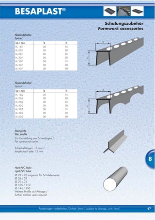 BESAPLAST®
                                                                         Schalungszubehör
                                                                      Formwork accessories
Abstandshalter
Spacer
Typ / type              b                 h                               b

AL 15/1                38                 15
AL 20/1                38                 20
AL 25/1                38                 25
AL 30/1                38                 30                h
AL 35/1                38                 35
AL 40/1                38                 40
AL 50/1                38                 50




Abstandshalter
Spacer
Typ / type              b                 h                               b

AL 15/2                38                 15
AL 20/2                38                 20
AL 25/2                38                 25
AL 30/2                38                 30                h
AL 35/2                38                 35
AL 40/2                38                 40
AL 50/2                38                 50




Sternprofil
Star profile
Zur Herstellung von Scheinfugen /
For contraction joints

Schenkellängen: 15 mm /
length each side: 15 mm


                                                                                             8
Hart-PVC Rohr
rigid PVC tube
Ø 22 / 26 angeraut für Schalelemente
Ø 26 / 31
Ø 70 / 75
Ø 105 / 110
Ø 144 / 150
Weitere Profile auf Anfrage /
further profiles upon request




                    Änderungen vorbehalten, Einheit: [mm] / subject to change, unit: [mm]    67
 