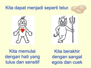 Kita dapat menjadi seperti telur.




  Kita memulai           Kita berakhir
dengan hati yang        dengan sangat
tulus dan sensitif      egois dan cuek
 