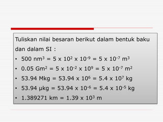 Tuliskan nilai besaran berikut dalam bentuk baku
dan dalam SI :
• 500 nm3 = 5 x 102 x 10-9 = 5 x 10-7 m3
• 0.05 Gm2 = 5 x 10-2 x 109 = 5 x 10-7 m2
• 53.94 Mkg = 53.94 x 106 = 5.4 x 107 kg
• 53.94 µkg = 53.94 x 10-6 = 5.4 x 10-5 kg
• 1.389271 km = 1.39 x 103 m
 