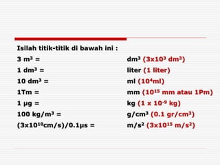 Isilah titik-titik di bawah ini :
3 m3 = dm3 (3x103 dm3)
1 dm3 = liter (1 liter)
10 dm3 = ml (104ml)
1Tm = mm (1015 mm atau 1Pm)
1 µg = kg (1 x 10-9 kg)
100 kg/m3 = g/cm3 (0.1 gr/cm3)
(3x1010cm/s)/0.1µs = m/s2 (3x1015 m/s2)
 