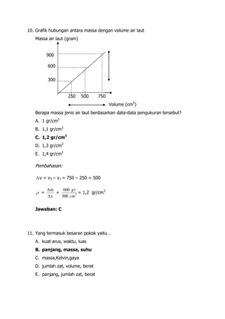 10. Grafik hubungan antara massa dengan volume air laut
   Massa air laut (gram)


          900

          600


          300


                   250     500     750
                                         Volume (cm3)
   Berapa massa jenis air laut berdasarkan data-data pengukuran tersebut?
   A. 1 gr/cm3
   B. 1,1 gr/cm3
   C. 1,2 gr/cm3
   D. 1,3 gr/cm3
   E. 1,4 gr/cm3

   Pembahasan:

     v = v3 – v1 = 750 – 250 = 500

          Δm    600 gr
      =      =          = 1,2 gr/cm3
          Δv   500 cm 3




   Jawaban: C




11. Yang termasuk besaran pokok yaitu…
   A. kuat arus, waktu, luas
   B. panjang, massa, suhu
   C. massa,Kelvin,gaya
   D. jumlah zat, volume, berat
   E. panjang, jumlah zat, berat
 