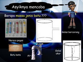 Asyiknya mencoba

Berapa massa jenis batu ???




                                      Gelas bercorong


  Neraca pegas



                              Gelas
                              ukur
   Batu bata     Air
 