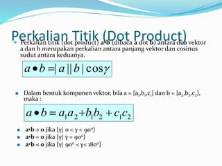 Perkalian Titik (Dot Product)
 Perkalian titik (dot product) a•b (dibaca a dot b) antara dua vektor
a dan b merupakan perkalian antara panjang vektor dan cosinus
sudut antara keduanya.

cos
|
||
| b
a
b
a 

 Dalam bentuk komponen vektor, bila a = [a1,b1,c1] dan b = [a2,b2,c2],
maka :
2
1
2
1
2
1 c
c
b
b
a
a
b
a 



 a•b > 0 jika {γ| 0 < γ < 90o}
 a•b = 0 jika {γ| γ = 90o}
 a•b < 0 jika {γ| 90o < γ< 180o}
 
