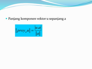  Panjang komponen vektor u sepanjang a
a
a
u
u
proya
.

 