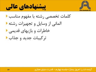 ‫عالی‬ ‫پیشنهادهای‬
77 ‫بساز‬ ‫امروز‬ ‫را‬ ‫ات‬ ‫آینده‬!
 ‫مناسب‬ ‫مفهوم‬ ‫با‬ ‫رشته‬ ‫تخصصی‬ ‫کلمات‬
 ‫رشته‬ ‫تجهیزات‬ ‫و‬ ‫وسایل‬ ‫از‬ ‫المانی‬
 ‫قدیمی‬ ‫بازیهای‬ ‫و‬ ‫خاطرات‬
 ‫جذاب‬ ‫و‬ ‫جدید‬ ‫ترکیبات‬
‫بساز‬ ‫امروز‬ ‫را‬ ‫ات‬ ‫آینده‬!-‫چهارم‬ ‫جلسه‬–‫مجازی‬ ‫دنیای‬ ‫قدرت‬
 