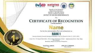 Republic of the Philippines
Department of Education
REGION VI- WESTERN VISAYAS
Division of Negros Occidental
DISTRICT OF DON SALVADOR BENEDICTO
This
CERTIFICATE OF RECOGNITION
is hereby awarded to
For his/her commendable effort and achievement as
RANK 1
having achieved a General Average of 92.00 % in the First Quarter of the S.Y. 2023-2024..
Given this 17th day of November, 2023 at Bago Elementary School - Agbalasyang Annex, Brgy. Bago,
Don Salvador
Benedicto, Negros Occidental, Philippines.
GILLETTE R. LAMATA
TIC
APRIL JOY P. ORENDAIN
Class Adviser
 