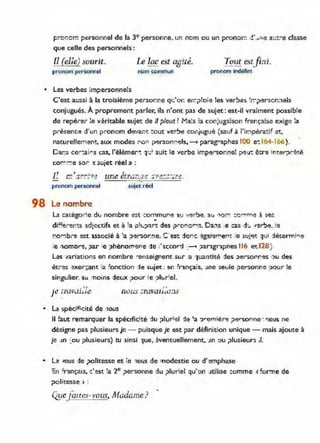 p1'"oncr."! personnel de là 3e personne, un nom ou un pronoe .:!'~,'e a;Jt:-e classe
que celle des personnels:
II (elle) sourit. Le lac est aaité. Tout estfi:1i.
pronom personnel nom commun pronom Indéfini
• Les verbes impersonnels
C'est aussi à la troisième ;>ersonne q:..:'o.. eiT;J:01e les ver!Jes 'rr;Jerson:vi!ls
conjugués. À ;>roprement parler, Us n'ont pas de sujet : est-il vraiment possib!e
de repérer :e v~ritable sujet de îI pleut ? Ma;s la con;ugaison française exige !a
' d' d L " ( f' l" . .~
pi'esenc:e un pronom evar:'1: :out l;er.Je CO,1jugue sau à Imperati, et,
naturellel'!1ent. aux modes po" person!"'els; -+ parag"aphes 100 e-: 164-160 ).
Dar.s c::er:ai"'s cas, l'élémer,,: l '~: suit le verbe impersonne1 pe'J'; êtr-a inter;>nhé
CO""" ~e 50, :< sujet réel,> :
Il -
pronom personnel sujet réel
98 Le nombre
•
•
La :::atégoi":e dt.. nombre est ·:o~mur.'2 l u f~;'!)e 1.... " 01"" :c"""'e . ,es
di~'!'!r~r.,;:s 1djectifs et à la i'h..?an: des ~"o!"'o"'1s. Da:'!s .e ·:as ·L -/er!Je, 1
e
rO"'1b,'i) est lSsocié à 'a .Jersor~e. C'~st do....·:: ~gale!""er>'= e sU.je, ~u ' :létermir·e
e .10mOr'il, ,Jar ;e jJhénofT'leroe ,.je 'lccord .- .Jarlgnphes 116 ed28 )
Las {ariations en nombre "enseigr'ent sur a luai1!ité :les Jersonr.es ,:lU des
èt;-as i!xerçant 'a 'onction :le sujet : en français, Jne ieuie penonne ~Jou r le
singulier, ~u noins :jeux ,Jo(Jr le .Jh..r;el.
La spédfi<:ité de 10US
Il faut remarquer la spécIficité :lu ?Iur;el :I·e 'a :>remièr'il ;>ersorme' '10US ne
désigne pas plusieurs je - puisque je est par définition unique - mais ajoute à
je Jn ·:ou plusieurs) tu ainsi lue, i!ventuellement. Jn ou ;>Iusieur:; il.
L~ tOUS ~e ,Jolitesse et le 10fJS de modestie ou d'~mphase
':n cr'lnçals, -c'est !a 2e ;>er,onne ~u ;>Iurlel qu'on Jtilise ::omme <for:TIe de
;>olitesse ) :
QyefQ1tes-17ous, Madame?
 