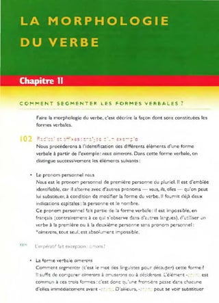CO~''H''1' E~..!T SE-GME'NTER LES FORMES VERBALES ?
o
F.Er"'i
Faire la morphologie du verbe. c'est décrire la fuçon dont SOnt constituées les
formes verbales.
- =.~ =.-.. - ',!:l
- r... r' ....
Nous procéderons à l'identification des différents éléments d'une forme
verbale à partir de l'exemple : nous aimerons. Dans cette forme verbale, on
distingue successivement les éléments suivants:
• Le pronom personnel nous
Nous est le pronom personnel de première person'1e du pluriel. Il est d'emb:ée
identifiable, car il alterne avec d'aut res pronoms - vous, ils, elles - qu'on peut
lui substituer, à condition de modifjer la forme du verbe. (1 fo ~rnit déjà deux
indications capl:a!es : !a persO!lne et le "lo r.lbre.
Ce pronom person'lel fait par-tie de !a forlT'e verbale : il est imiJossi!>le, en
français (cor tra:rer"le:1r. à ce qui stooser-ve C2.:1S ~rë. ~·:ies :2.:--·g.Jes)~ d:::::ser ùn
verbe à la première o u à la deuxième personne sans pro.-.o'TI perso:1nel :
*oimerons, tout seClt, est absou!To e ~ t i mpo~s j bl e.
!()ns!
• La for~ e verbale ai~ e 'o'ls
Comment segmenter (c'est le !"CJot ::ies ling~: 5,:.es pour ôÉco-,per ) CEtte forme?
!I sur it de co.....pare r oirne'ons à ::lrn.Jser,.'lS 0:1 à dé:::ide-ons L
:é:é"ent -: . - est
commun à ces : r o is forrr.es : c'est oorle q....'une f""or;:;èr-e ;:>2.sse Câ f1S chacune
d'elles immediarement avant -: ' . - . D'aiiie urs, -. ' -. peut se voir SUbstituer
 