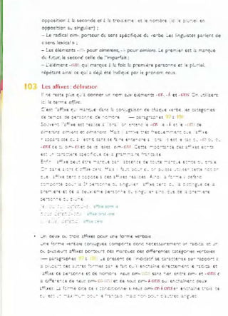 E - .... -,e e ....
oppos:: ior a~ s ir,güli e-~ ;
- Le ~ad i cal aim- pOrteUr d.: sem spéc.lfiqJ€ dL ,'e'-be _e! li'iguis:e! l'a-lent oe
<: sens lexica! » ;
- Les élé ments -.' - pour aimerons, -.- pour aimions. LE p-err,ie" est i<. rr,â.-qt:e
dL f.!:;Jr, le secont' cell E de ! 'j rn pa-~ait;
- ~'ei é m e'lt - ùi1.' qu' ma"quE 2. lé.. foi! l, p-ern,è-E pe-SO'1"e e; 'E p l ~ - iel.
~épé" nt <tins CE qUO 2. àéji: e:E :r,d :q ..iE par l E p-or.o'T nO JS.
Les affixes : déflrlltlor
" 'iE -es:.€' p:.J! c,. ~ bonne' ur '10" a· y e,èn-.er,:! . er· . ,. et . ons :;.. ..o
j li! e-ë..
i::. :Et E -~ E affin.
é..- ·~ E :'E" ::
J " ~ 1{)-!"'lt "t:--t;al E: COI"""14 u g l.' eE: ::OfTJp0-~E: OO!'I( r-. e : e~.~ë. f "'·er-.<:-~I : !.,r -êû<.c. e: .lr
C·l.. ~.)rÙ~, I C:- :'} ""! affixe! po.-~t- u-~ (le! r...ld....c LJe~ oe~ c ,f;e ~e":e! :':2.:eg::> o-le! "f'-Dê.ce !
c_ - ~ , é.. J , - 1 ....... . ~'é. - :.é. ~. -- .ê .~
 