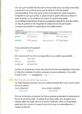 On voit que l'auxi liaire des formes i/ a écrit, il avait écrit, ii eut écrit, i/ ouro écrit,
il auroit écrit est au même temps que le verbe de la forme simple
correspondante. C'est ainsi qu'au présent correspond le passé composé, à
l'imparfait le plus-que-parfait. au passé simple le passé antérieur, au futur le
futur antérieur et au conditionnel présent le cond:tionnel passé.
Le parallé:isme des formes simples et composées caractérise tous les modes :
en face du présent et de l'imparfait du subjonctif, on trouve le passé
et le plus-que-parfait du subjonctif, sur le modèle suivant :
SUBjON CTIF
FORMES SIMPLES fORM ES COMPO SÉES
présent 'lu 'il écrive :~l :~ qu'i] ait écrit
impa rfaIt 'lu 'il écrivît 'lu 'i] eût écrit
Il en va de même à l'impératif;
, .
eCTlS aie écrit
On retrouve enfin la même correspondance aux modes impersonnels:
écrire
écrivant
en écrivant
avoir écrIt
a1rant écrit
-
en ayant écrIt
La force du système est même telle que des formes surcomposées, construites
à l'aide d'un auxil iaire lu i-même composé, se sont constituées : i/ a eu écrit,
il avait eu écrit... ---t paragraphes a
F O I" I11€:i 1C(I . -e~ el: form es O.:!.5s,ve'i
Le verbe français comporte, pour les verbes transitifs, deux voix; la voix active
et la voix passive.
nous mmerons
fo rme active
nous ~erons aimé(e)s
forme passive
Comme les formes composées, les formes passives présentent le verbe sous la
forme du participe passé. Au passif, le participe passé varie en genre et en
nombre selon son sujet. comme le montre l'exemple utilisé, où le participe
passé aimé (e) s porte la marque du pluriel de nous et, éventuellement, la
marque du féminin.
 