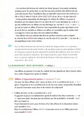 REM
- Le nombre des formes du radical est élevé (jusqu'à huit.. selon certaines
analyses, pour le verbe être), et ces formes sont parfois très différentes les
unes des autres. Pour l'auxiliaire être, on identifie notamment les radicaux s-
(i/s s- ont), ê- (vous ê-tes), ét- (il ét-oit), (- (il (- ut), se- (il se-r-o), soy- (soy- ez)...
- Il est parfois impossible de distinguer le radical de l'affixe: où passe la
frontière qui les sépare dans il a ou dans ils ont? a est identique au -a de v- (~
qui est visiblement un affixe; ont est identique au -ont de (- '1[, s- n , et v- ...,
qui est lui aussi un affixe. Comme il est impossible de poser que dans il a et
ils ont la forme verbale se réduit à un affixe, on considère que le verbe avoir
({ amalgame» dans ces deux formes radical et affixe.
- les affixes ont eux-mêmes des formes parfois insolites, voire uniques :
le -ommes de s-omm es est unique, le -tes de vous ê-tes, vous (ai- _ et vous di- _
est spécifique à ces trois verbes.
Pou, le dénombrement des formes du rad ical de chaque verbe, on n'a pas tenu
compte des formes de passé simple ni de participe passé. qJI. pour plusieurs verbes
du 3e groupe. auraient encore augmenté le nombre des radicaux: ainsi pour vivre, il
aurait fallu ajouter le radical vec- de il vécut et de vécu: pour devoir. il aurait fallu
tenir compte du radical du- de il dur et de dO, pour naÎtre des radicaux noqu- de
naqu-is et n- de n-G etc.
C LAS SEM E N T DES AFF 1X E 5 ---. tableau ::
" _... n.,. u ............ . _'_ '0" ._ ••••••••••• 0'." ••••• _ • ••• _ •••• • __ . .. ....... _••••••• _._ . _ •• __ ......... _... . ....... . ... _ ............. _....... _••••• _. _•••• _•• _••••••
Les affixes se placent à la suite du radical. On les répartit en deux classes selon
leur ordre d'apparition après le radical.
Il Affixes n'apparaissant jamais -=n OOSl t lon ·; r'~!e
Ce sont les deux affixes -(e)r- (pour le futu r et le « conditionnel ») et - 1-1--
(pour l'imparfait et le « conditionnel »). Ils ont une valeur temporelle.Toutefois
le second intervient aussi dans la fo rmation du subjonctif.
• L'affixe de futur et de ({ conditionnel)} -( ~) r_
Il apparaît toujours immédiatement après le radical. Ses deux variantes - _' ~- et
-r- alternent selon les sons (ou les lettres) qui les précèdent : i/ travai/l-a -o, i/
fini-T-a, il coud-r-a.
Il est directement suivi, pour le futur, d'un des affixes de la deuxième classe :
nous travaill-er-on s.
Pour le conditionnel, l'affixe -o i -I-i- s'intercale entre lui et l'affixe terminal:
nous travaill-er-Î-ons.
 
