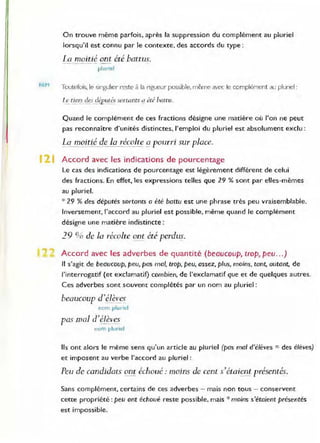 REM
On trouve même parfois, après la suppression du complément au pluriel
lorsqu'il est connu par le contexte, des accords du type :
La moitié ont été battus.
pl uriel
Toutefois, le singulier reste à la rigueur possible, même avec le complément au plurrel :
{~tiers desj4pucés sortants ù été battu.
Quand le complément de ces fractions désigne une matière où l'on ne peut
pas reconnaître d'unités distinctes, l'emploi du pluriel est absolument exclu :
La moitié de la récolte 9. pourri sur place.
Accord avec les indications de pourcentage
Le cas des indications de pourcentage est légèrement différent de celui
des fractions. En effet, les expressions telles que 29 % sont par elles-mêmes
au pluriel.
* 29 % des députés sOrtants a été battu est une phrase très peu vraisemblable.
Inversement, J'accord au pluriel est possible, même quand le complément
désigne une matière indistincte:
29 f:!·n de la récolte ont été perdu~.
Accord avec les adverbes de quantité (beaucoup, trop, peu...)
" s'agit de beaucoup, peu, pas mol, trop, peu, assez, plus, moins, tant, autant, de
l'interrogatif (et exclamatif) combien, de l'exclamatif que et de quelques autres.
Ces adverbes sont souvent complétés par un nom au pluriel :
beaucoup d'élève~
nom pluriel
pas mal d'élèves
nom pluriel
Ils ont alors le même sens qu'un article au pluriel (pas mol d'élèves =: des élèves)
et imposent au verbe l'accord au pluriel:
Peu de candidats ont échoué : moins de cent s'éta;~nt présentés.
Sans complément. certains de ces adverbes - mais non tous - conservent
cette propriété: peu ont échoué reste possible, mais *moins s'étaient présentés
est impossible.
 