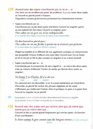2 Accord avec des sujets coordonnés par ou et ni... nt
REM
Ces deux cas ne semblent pas poser de problème : il y a au moins deux sujets.
et "accord au pluriel paraît s'imposer.
Cependant. certains grammairiens présentent les raisonnement suivants :
• Sujets coordonnés par ou
Coordonnés par ou, les deux sujets entraînent l'accord au singulier quand
ou est exclusif. On fera donc l'accord au singulier pour :
Une valise ou un gros sac m'est indispensable.
(= un seul des deux objets. à l'exclusion de l'autre, m'est indispensable)
On fera l'accord au pluriel pour :
Une valise ou un sacJaciles à porter ne se trouvent pas partout.
(= les deux obJets sont également difficiles il. trouver)
Malgré sa subtilité et la difficulté de son application pratique, ce raisonnement
est acceptable. " laisse d'ailleurs une trace dans l'accord avec l'un ou l'autre
et tel ou tel, qui se fait le plus souvent au singulier, le ou y étant exclusif.
• Sujets coordonnés par ni" , ni
Coordonnés par la conjonction de sens négatif ni.. , ni, aucun des deux sujets
n'est en mesure d'effectuer l'action du verbe, qui devrait donc rester au
singulier :
Ni Henri V ni Charles Xl n'a été roi,
sUlet sujet singulier
Ce raisonnement est discutable : si on le suivait totalement, on s'interdirait
d'accorder au pluriel les verbes des phrases négatives, où les sujets
n'effectuent pas réellement l'action, Dans la pratique, on peut, à sa guise, faire
l'accord au singulier ou au pluriel.
L'expression ni l'lin Mi l'olitre entraîne alternativement "accord au singulier
et au pluriel: ni l'lin Tli J'outre ne travO/lie ou ne travaillent.
Accord avec des sujets unis par comme, ainsi que, de même que,
autant que, au même titre que."
l'accord se fait au pluriel Quand l'expression Qui unit les sujets a la fonction
d'une coordination:
Le latin comme le grec ancien sont des langues mortes. (= le I~tln et le grec)
pillnei
 