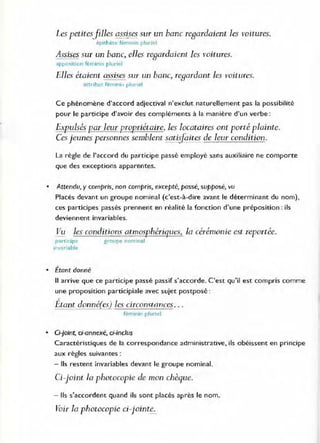 •
Les petitesfilles assises sur un banc regardaient les voitures.
épit hète féminin pluriel
Assises sur un banc, elles regardaient les voitures.
appositIon fémÎnin pluriel
Elles étaient assises sur un banc, regardant les voitures.
attribut féminin plunel
Ce phénomène d'accord adjectival n'exclut naturellement pas la possibilité
pour le participe d'avoir des compléments à la manière d'un verbe :
EXEulsés [2ar leur [2YS!J2riétaire les locataires ont porté plainte.
Ces jeunes personnes semblent satidaites de leur condition.
La règle de l'accord du participe passé employé sans auxiliaire ne comporte
que des exceptions apparentes.
Attendu, y compris, non compris, excepté, passé, supposé, vu
Placés devant un groupe nominal (c'est-à-dire avant le déterminant du nom),
ces participes passés prennent en réalité la fonction d'une préposition: ils
deviennent invariables.
Vu les condi~jons 2t.:..mosp,hériques, la cérémonie est reportée.
partIcipe gr Qupe nominal
Invariable
• Étant donné
Il arrive que ce participe passé passif s'accorde. C'est qu'il est compris comme
une proposition participiale avec sujet postposé:
,
Etant donné(es) les circonstances...
fèminÎn plUriel
• Ci-joint, d-annexé, Cl-inclus
Caractéristiques de la correspondance administrative, ils obéissent en principe
aux règles suivantes :
- Ils restent invariables devant le groupe nominal.
Ci-joint la photocopie de mon chèque.
- Ils s'accordent quand ils sont placés après le nom.
r'oir la photocopie cj-joint~
 