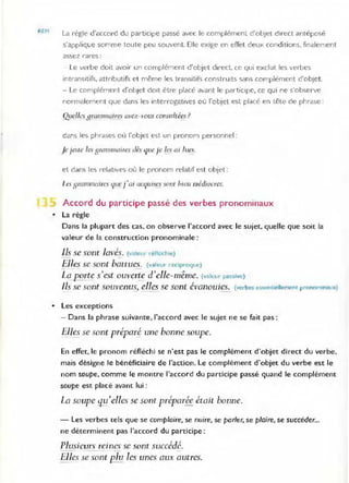 REM La règle d'accord du participe passé avec le complément d'objet direct antéposé
s'applique somme toute peu souvent. Elle exige en effet deux conditions, finalement
assez rares:
Le verbe doit avoi,' un complément d'objet d,recto ce qui exclut les verbes
intransitifs, attributifs et même les transitifs construits sans complément d'objet.
- Le complément d'objet dort être placé avant le participe, ce qui ne s'observe
normalement que dans les interrogatives où l'objet est placé en tête de phrase:
dans les phrases où l'objet est un pronom personnel:
Je jelle les swmmail'es dès que je Je.ç ai lues.
et dans les relatives où le pronom relat if est objet:
1es .qwmmail"Cs que j'QI acquises som hicn médiocres.
1 Accord du participe passé des verbes pronominaux
• La règle
Dans la plupart des cas, on observe l'accord avec le sujet, quelle que soit la
valeur de la construction pronominale :
11s se sone Javé~. (""leUt· reflech.e)
§Jles. se sont baccues. (valeur réciproque)
La-porte s'est ouverte d'elle-même. (valeur passive)
Ils se sont souvenus, elles se sont évanouies. (verbes essentiellement pronominaux)
• Les exceptions
- Dans la phrase suivante, l'accord avec le sujet ne se fait pas:
Elles se sont préparé une bonne soupe.
En effet. le pronom réfléchi se n'est pas le complément d'objet direct du verbe,
mais désigne le bénéficiaire de l'action, Le complément d'objet du verbe est le
nom soupe, comme le montre l'accord du participe passé quand le complément
soupe est placé avant lui :
La soupe ~_u'elles se sont préparée était bonne.
- Les verbes œls que se complaire, se nuire, se parler, se plaire, se succéder...
ne déterminent pas l'accord du participe :
Plusieurs reines se sont succédé.
- - - -
Elles se sont plu les unes aux autres.
 