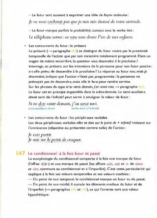 - Le futur sert souvent à exprimer une idée de façon atténuée :
Je ne vous cacherai pas quej e suis très étonné de votre attitude.
- Le futur marque parfois la probabilité, surtout avec le verbe être:
Le téléphone sonne: ce sera sans doute l'un de mes erifants.
• Les concurrents du futur : le présent
Le présent (---t paragraphe 11 ) se distingue du futur moins par la proximité
temporelle de l'action que par son caractère totalement programmé. Dans un
wagon de métro encombré, la question vous descendez à la prochaine?
interroge, au présent, sur les intentions de la personne pour son futur proche :
a-t-elle prévu de descendre à la prochaine? La réponse au futur non, mais je
descendrai, indique que l'action n'était pas programmée: la personne ne
prévoyait pas de descendre. mais elle le fera pour rendre service.
Sur les phrases du type si tu viens demain, j'en serai ravi,---t paragraphe 1
Le futur est en principe impossible dans la subordonnée. Le semi-auxiliaire
devoir suivi de l'infinitif peut servir à souligner la valeur de futur:
Si tu dois venir demain,j'en serai ravi.
semi-auxlliawe devoir verbe verl;' à l'mfinitif
• Les concurrents du futur: les périphrases verbales
Les deux périphrases verbales aller et être sur le point de + infinitif insistent sur
l'imminence (objective ou présentée comme telle) de l'action :
Je vais partir
Je suis su.r..1CJ..P0int de cT{lguer.
Le conditionnel : à la fois futur et passé
La morphologie du conditionnel comporte à la fois une marque de futur
(l'affixe -(e)r-) et une marque de passé (les affixes -ais,-ait et -l- de -ions
et -iez, communs au conditionnel et à l'imparfait). C'est cette particularité qui
explique à la fois ses valeurs temporelles et ses valeurs modales :
- Du point de vue temporel , le conditionnel marque un futur vu du passé.
- Du point de vue modal. il cumule les éléments modaux du futur et de
l'imparfait (--> paragraphes et "· ), ce qui l'oriente vers une valeur
hypothétique.
 