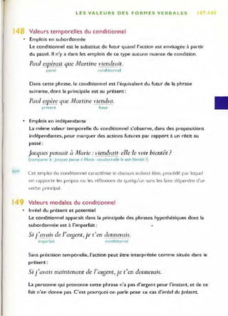 REM
LES VALEURS DES FORMES VERBALES - 1
Valeurs temporelles du conditionnel
• Emplois en subordonnée
Le conditionnel est le substitut du futur quand l'action est envisagée à partir
du passé. " n'y a dans les emplois de ce type aucune nuance de condition.
Paul eSf-érait que Martine viendrait.
passè conditIonnel
Dans cette phrase, le conditionnel est l'équivalent du futur de la phrase
suivante, dont la principale est au présent :
Paul ~ère que Martine viendra.
present futur
• Emplois en indépendante
La même valeur temporelle du conditionnel s'observe, dans des propositions
indépendantes, pour marquer des actions futures par rapport à un récit au
passé :
Jacques pensait à Marie: viendrait-elle le voir bientôt?
(comparer à. Jacques pense i:J Marie . viendra-t-elle le voir bientôt 1)
Cet emploi du condItIonnel caractérise le diSCOUrs Indirect libre, procédé par lequel
on rapporte les propos ou les rénexions de quelqu'un sans les faine dépendne d'un
verbe principal.
J Valeurs modales du conditionnel
• Irréel du présent et potentiel
Le conditionnel apparaît dans la principale des phrases hypothétiques dont la
subordonnée est à l'imparfait :
Si j'avais de r ar8ent, je t 'en donnerais.
imparfait conditionnel
Sans précision temporelle, l'action peut être interprétée comme située dans le
présent:
Si j'avais maintenant de r ar8ent,j e t'en donnerais,
La personne qui prononce cette phrase n'a pas d'argent pour l'instant, et de ce
fait n'en donne pas. C'est pourquoi on parle pour ce cas d'irréel du présent
 