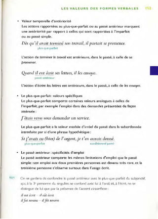 REM
LES VALEURS DES FORMES VERBALES
• Valeur temporelle d'antériorité
Les actions rapportées au plus-que-parfait ou au passé antérieur marquent
une antériorité par rapport à celles qui sont rapportées à l'imparfait
ou au passé simple.
Dès qu 'il al'ait terminé son traFail, il partait se promener.
plus-'lue-parfait
L'action de terminer le travail est antérieure, dans le passé, à celle de se
promener.
Ql;wnd il eut écrit ses lettres, il les envoya.
passé antérieur
L'action d'écrire les lettres est antérieure, dans le passé, à celle de les envoyer.
• Le plus-que-parfait: valeurs spécifiques
Le plus-que-parfait comporte certaines valeurs analogues à celles de
l'imparfait, par exemple l'emploi dans des demandes présentées de façon
atténuée:
j'étais vem~ vous demander un service.
Le plus-que-parfait a la valeur modale d'irréel du passé dans la subordonnée
introduite par si d'une phrase hypothétique :
Si i'avais eu (hier) de]'argent, j e t'en aurais donné.
plus-'lue-parfa't condit ionnel passé
• Le passé antérieur: spécificités d'emploi
Le passé antérieur comporte les mêmes limitations cf'emploi que le passé
simple : son emploi aux deux premiéres personnes est devenu très rare, et la
troisième personne s'observe surtout dans l'usage écrit.
On se gardera de confondre le passé antérieur avec le plus-que-parfait du subjonctif.
qUI, à la 3e personne du Singulier. se confond avec lUI à l'oral, et, à l'éent, ne se
distingue de lui que par la présence de I"accent circonflexe:
il eut éCrIt il eût éail
illut revenu - ilfor rel'enu
 