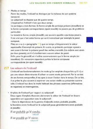 LES VALEURS DES FORMES VE R BALES 5-
• Modes et temps
Parmi les modes. l'indicatif se distingue par la richesse de son système
temporel.
Le subjonctif ne dispose que de quatre temps.
L'impératif et l'infinitif n'ont que deux temps.
Le participe a trois formes: la forme simple de participe présent (travaillant) et
la forme composée correspondante (ayant travaillé) ne posent pas de problème
particulier.
La troisième forme , simple (travaillé), est souvent appelée ({ participe passé ».
Il est vrai que c'est cette forme qui sert à constituer par exemple le passé
composé.
Mais on a vu (---> paragraphe ) que ce temps a fréquemment la valeur
aspectuelle d'accompli de présent. En outre, ce prétendu participe «passé»
sert aussi à former le présent passif des verbes trans itifs (Les enfants sont aimés
par leurs parents), où il n'a évidemment aucune valeur de passé.
Enfin, pour le gérondif, on n'utilise communé ment que la forme simple (en
travaillant). On rencontre cependant parfois la forme composée
correspondante (en ayant travaillé).
1 Les valeurs de l'indicatif
L'indicatif est fondamentalement le mode qu'on emploie chaque fois qu'il n'y a
pas une raison déterminante d'utiliser un autre mode personnel. Par la variété
de ses formes temporelles, il est apte à situer l'action dans le temps. De ce fait,
il se prête le plus souvent à exprimer une action réelle ou présentée comme
telle. L'indicatif est donc le mode habituel des phrases assertives (affirmatives
et négatives) et interrogatives.
• Emplois de l'indicatif par rapport au subjonctif
Deux types d'emplois illustrent clai rement la valeur de l'indicatif en faisant
apparaître son opposition avec le subjonctif :
- Dans la dépendance de la gamme d'adjectifs certain, probable. possible,
la frontière entre J'indicatif et le subjonctif passe généralement entre probable
et possible :
Il est f2robable qu'ill!iendra.
indicatif
Il est {2ossible qu'il vie!.}ne.
subjonctIf
 