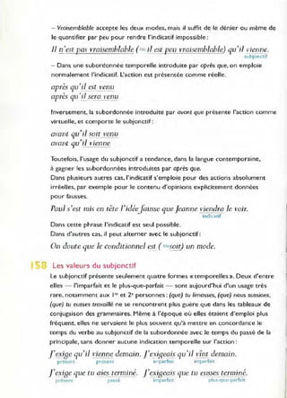- Vraisemblable accepte les deux modes, mais il suffit de le dénier ou même de
le quantifier par peu pour rendre l'indicatif impossible :
JI n'est Eas vraisemblable ( ou il e§l Eeu vraisemblable) qll 'il l'ienn~
subjonctif
- Dans une subordonnée temporelle introduite par après que, on emploie
normalement l'indicatif. L'action est présentée comme réelle.
après qu'il est venu
après qu'il sera venu
Inversement, la subordonnée introduite par avant que présente l'action comme
virtuelle, et com porte le subjonctif:
avant qu';] soit venu
avant qu'ill'ienne
Toutefois, l'usage du subjonctif a tendance, dans la langue contemporaine,
à gagner les subordonnées introduites par après que.
Dans plusieurs autres cas. l'indicatif s'emploie pour des actions absolument
irréelles, par exemple pour le contenu d'opinions explicitement données
pour fausses.
Pau] s'est mis en tête J'idéeJal/Sse que Jeanne viendra le voir_
indicatif
Dans cette phrase l'indicatif est seul possible.
Dans d'autres cas, il peut alterner avec le subjonctif :
On doute que le conditionnel est ( ousoit) un mode.
Les valeurs du subjonctif
Le subjonctif présente seulement quatre formes {( temporelles». Deux d'entre
elles - l'imparfait et le plus-que-parfait - sont aujourd'hui d'un usage très
rare, notamment aux l'· et 2" personnes : (que) tu limasses, (que) nous sussions,
(que) tu eusses travaillé ne se rencontrent plus guère que dans les tableaux de
conjugaison des grammaires. Même à l'époque où elles étaient d'emploi plus
fréquent, elles ne servaient le plus souvent qu'à mettre en concordance le
temps du verbe au subjonctif de la subordonnée avec le temps du passé de la
principale, sans donner aucune indication temporelle sur l'action :
}'eX!ge qu'il vienne demain. j'e.!igeais qu'il vînt demain.
présent pr·ésent ,m pdrfait imparfait
}'exige que tu aies terminé.
présent passé
J'exig~ajs que tu eusses terminé_
imparfait plus-que-parfait
 
