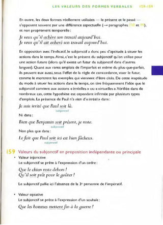 LES V ALEURS DES FORMES VERBALES
En outre, les deux formes réellement utilisées - le présent et le passé -
s'opposent souvent par une différence aspectuelle (- paragraphes
et non proprement temporelle:
Je veux qu'il achève son travail aujourd'hui.
Je veux qu'il ait achevé son travail OlUourd'hui.
et ),
En opposition avec l'indicatif, le subjonctif a donc peu d'aptitude à situer les
actions dans le temps. Ainsi, c'est le présent du subjonctif qu'on utilise pour
une action future (alors qu'il existe un futur du subjonctif dans d'aut:res
langues). Quant aux rares emplois de l'imparfait et même du plus-que-parfait,
ils peuvent eux aussi, sous l'effet de la règle de concordance, viser le futur,
comme le montrent les exemples qui viennent d'être cités. De cette inaptitude
du mode à situer les actions dans le temps, on tire fréquemment l'idée que le
subjonctif convient aux actions « irréelles» ou «virtuelles ».Vérifiée dans de
nombreux cas, cette hypothèse est cependant infirmée par plusieurs types
d'emplois. la présence de Paul n'a rien d'« irréel» dans:
Je suis irrité que Paul soit là.
subJonctif
Ni dans:
Bien que Benjamin soit présent, je reste.
subjonctif
Non plus que dans:
Lefail que Paul soit ici est bienfâcheux.
subjonctif
Valeurs du subjonctif en proposition indépendante ou principale
• Valeur injonctive
Le subjonctif se prête à l'expression d'un ordre:
Q3le le chien reste dehors!
Q3J"il soit prêt pour le goûter!
le subjonctif pallie ici l'absence de la 3e personne de l'impératif.
• Valeur optative
Le subjonctif se prête à l'expression d'un souhait:
Q3œ les hommes mett§!!!fin à la guerre !
 