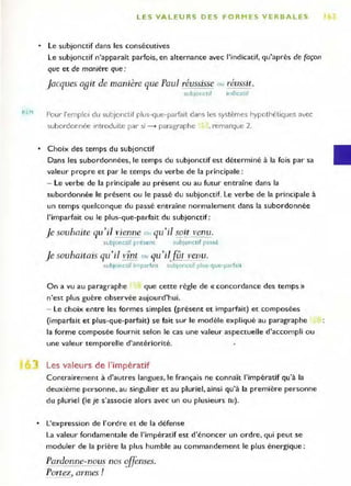 R '1
LES VALEURS DES FOR MES VERBALES
• le subjonctif dans les consécutives
le subjonctif n'apparaît parfois, en alternance avec l'indicatif, qu'après de (açon
que et de manière que:
Jacques agit de manière que Paul réussisse ou réussit.
subJonctif Indicatif
Pour l'emploI du subjonctif plus-que-parfait dans les systèmes hypothétiques avec
subordonnée Introduite par si ....... paragraphe . remarque 2.
• Choix des temps du subjonctif
Dans les subordonnées, le temps du subjonctif est déterminé à la fois par sa
valeur propre et par le temps du verbe de la principale :
- le verbe de la principale au présent ou au futur entraîne dans la
subordonnée le présent ou le passé du subjonctif. Le verbe de la principale à
un temps quelconque du passé entraîne normalement dans la subordonnée
l'imparfait ou le plus-que-parfait du subjonctif:
Je souhaite qu'il vienne ou qu'il SOi! ve!1u.
subjonctif présent subJonctif passé
Je souhaztOls qu'il vînt ou qu'ilJiît venu.
subjonctif imparfait subioncuf pJus-que-parfait
On a vu au paragraphe que cette règle de « concordance des temps})
n'est plus guère observée aujourd'hui.
- le choix entre les formes simples (présent et imparfait) et composées
(imparfait et plus-que-parfait) se fait sur le modèle expliqué au paragraphe
la forme composée fournit selon le cas une valeur aspectuelle d'accompli ou
une valeur temporelle d'antériorité.
Les valeurs de l'impératif
Contrairement à d'autres langues, le français ne connaît l'impératif qu'à la
deuxième personne. au singulier et au pluriel, ainsi qu'à la première personne
du pluriel (le Je s'associe alors avec un ou plusieurs tu).
• L'expression de l'ordre et de la défense
La valeur fondamentale de l'impératif est d'énoncer un ordre, qui peut se
moduler de la prière la plus humble au commandement le plus énergique :
Pardonne-nolis nos <:ffenses.
Portez, armes!
 