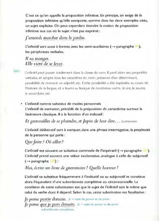 RFM
C'est ce qu'on appelle la proposition infinitive. En principe, on exige de la
proposition infinitive qu'elle comporte. comme dans les deux exemples cités,
un sujet explicite. On peut cependant étendre la notion de proposition
infinitive aux cas où le sujet n'est pas exprimé :
j'entends marcher_dans le jardin.
L'infinitif sert aussi à former, avec les semi-auxiliaires (---t paragraphe ),
les périphrases verbales.
Il va manBe~.
Elle vient de se lever.
Llntînltlf peut passel~ totalement dans la classe du nom. Il perd alors ses propn étés
verbales. et adopte tous les caractères du nom: presence d'un déterminant.
possibilité de recevoir un adjectif, etc. Cette possibilité a été exploitée au cours de
l'histoire de la langue. et a fourni au lexique de nombreux noms; le rire, le sourire,
le savorr-faire, etc.
• L'infinitif comme substitut de modes personnels
L'infinitif de narration, précédé de la préposition de, caractérise surtout la
littérature classique. Il a la fonction d'un indicatif:
Et 8renouilles de se plaindre, et lupin de leur dire. . . LA FONTAINF
L'infinitif délibératif sert à marquer, dans une phrase interrogative, la perplexité
de la personne qui parle :
~1CJaire ? Où aller?
L'infinitif est souvent un substitut commode de l'impératif (--t paragraphe ).
L'infinitif prend souvent une valeur exclamative, analogue à celle du subjonctif
(---t paragraphe ) :
Moi, écrire un livre de 8rammaire ! ~lelJe horreur!
L'infinitif se substitue fréquemment à l'indicatif ou au subjonctif et constitue
alors l'équivalent d'une subordonnée complétive ou circonstancielle. La
condition de cetre substitution est que le sujet de l'infinitif soit le même que
celui du verbe dont il dépend. Selon le cas, cette substitution est facultative :
l!!. pense /Zartir demain. Je = sUJet de pellser et de partir
l!!. pense ars demain. Je = sujet de penser et de par1ir
subordonnee completive
 
