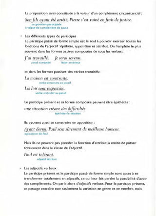 La proposition ainsi constituée a la valeur d'un complément circonstanciel :
Sonfils qrant été arrêté, Pierre s'est ruiné enjrais de justice.
proposition participiale
à valeu,- de complément de cause
• Les différents types de participes
Le participe passé de forme simple est le seul à pouvoir exercer toutes les
fonctions de l'adjectif: épithète, apposition et attribut. On l'emploie le plus
souvent dans les formes actives composées de tous les verbes :
J'ai tra vaillé. Je serai revenu.
passe composé futur ante rieur
et dans les formes passives des verbes transitifs:
La maison est construite.
verbe construire au passif
Les lois sont reseectées.
verbe respecter au passif
Le participe présent et sa forme composée peuvent être épithètes:
une situation créant des diffisultés
épithète de s,tuotion
Ils peuvent aussi se construire en apposition:
4xant dormi, Palll sera stÎrement de meilleure humeur.
apposition de Paul
Mais ils ne peuvent pas prendre la fonction d'attribut, à moins de passer
totalement dans la classe de l'adjectif.
Paul est tolérant.
adjectif attribut
• Les adjectifs verbaux
Le participe présent et le panicipe passé de forme simple sont aptes à se
transformer totalement en adjectifs, ce qui leur fait perdre la possibilité d'avoir
des compléments. On parle alors d'adjectifs verbaux. Pour le participe présent,
ce passage entraîne non seulement la variation en genre et en nombre, mais
 