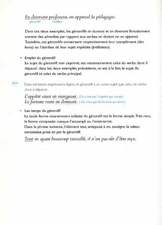 REM
En devenant prcifesseur. on apprend la pédasosie.
gérondif anribut
Dans ces deux exemples, les gérondifs en écrivent et en devenent fonctionnent
comme des adverbes par rapport aux verbes on devient ou on apprend.
Toutefois, ces gérondifs conservent respectivement leur complément (des
livres) ou l'attribut de leur sujet implicite (professeur).
• Emploi du gérondif
Le sujet du gérondif, non exprimé. est nécessairement celui du verbe dont il
dépend: dans les deux exemples précédents, on est à la fois le sujet du
gérondif et celui du verbe principal.
Dans certaines expressions figées, le gérondif a un autre sUjet que celuI du verbe
dont il dépend:
L'appétit vient en manseant. (Ce n'est pas l'appétit qUI mange)
Lajàrtune vient en dormant. ( Ce n'est pas la fo rtune qlll dOI·t )
• Les temps du gérondif
La seule forme couramment utilisée du gérondif est la forme simple.Très rare,
la forme composée marque l'accompli ou l'antériorité.
Dans la phrase suivante, l'élément tout, antéposé à en, souligne la valeur
concessive prise ici par le gérondif.
Tout en ayant beaucoup travaillé, il n'est pas sûr d'être reçu.
 