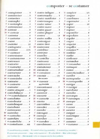 7 contagionner T
7 containerisc '" T
7 contaminer T
7 contempler T
7 se contempler p
7 conteneuriser T
24 contenir .. T
24 sc contenir p
7 contenter .... ". T
7 sc contenter .. P
7 conter T
7 contester I,T
7 contingenter .. T
7 continuer I.T.Ti
7 se continuer P
7 contorsionner T
7 sc contorsionner p
7 contourner ..,' T
7 contracter .. .
7 sc contracter
7 contractualiser
7 contracturer ..
64 contraindre .....
64 sc contraindre
1
6 contrarier . ..
16 se contrarier .....
T
P
.T
T
T
P
T
P
7 contraster .. .. .. I.T
7 contre-a.ttaquer ......1
8 contrebalancer .... .T
8 s'en contrebalancer P
60 contrebatt,"e .. ... T
7 contrebouter ... .. T
7 contrebraquer . ... .. T
7 contrebuter T
7 contrecarrer ...... T
84 contredire .... .. T
84 se contredire ... .. P
67 contrefaire . .... T
7 se contrefiche .. P
58 se contrefoutre .. . ..P.D
cC1
mposter ~ se costumer
7 contre-indique,". T
7 contremander ..... T
7 contre-manifcster .1
7 contrelnarquer T
7 contre-mine," T
7 contre-murer .. T
7 contre-passer T
7 contre-plaquer T
7 contrer .. I.T
7 cont,'e-sceller .. T
7 contresigner T
7 contre-tirer T
24 contrevenir Ti
7 contribuer .. Ti
7 contrister .. T
7 contrôler T
7 se contrôler . P
7 controuver T
7 controverser
7 contusionner
65 convaincre ...
.. I.T
T
T
65 sc convaincre P
24 convemr .... .. .... . l,Ti
être ou avoir
24 se convenir ..... P
p. p. invariable
7 conventionner
9 converger .
7 converser .
20 convertir
20 sc convertir
/6 convier
7 convivialiser
7 convoiter
7 convoler .
7 convoquer
T
. .1
. .. 1
T
.. P
. T
.. I,T
.. .. . I.T
.1
..T
/8 convoyer . T
7 convulser .. ..... T
7 sc convulser ... P
7 convulsionner ........ T
,
Il coope rer
7 coopter
7 coordonner
7 copermuter ....
1
6 copier
7 copine r
7 copiner
7 coposséder
88 coproduire
7 copuler .....
7 coquer
1
2 coqueter
7 coquiller
7 coraniser af,.
12 cordeler
7 corder ..
7 cordonner ..
7 cornancher
I.TI
.T
.T
T
I,T
T
T
T
T
T
.. T
.. T
T
7 se cornancher .P
7 cornaquer .. ....T
7 corner .... I.T
7 correctionnaliser .. T
Il corréler T
58 co.-respondre .... . I,Ti
58 se co.-respondre P
9 corriger .T
9 sc corriger
7 corroborer
7 corroder
. P
T
T
58 ~orrompre .. T
58 se corrompre .. . .... .P
18 corroyer ..T
7 corser T
7 Se corser .P
13 corseter .. T
7 cosigner. ... T
7 cosmétiquer .. T
7 cosser .. 1
7 costumer T
7 sc costumer ........ ... P
T ' tran!l.itif direct (p. p.vanable) - Ti _[J'21nsltJf Ifldlfea (p..p_ irwallabJe) - 1-Inn ansn:if (p.p. mvanable) -
P <:çnsn"Uctlon pronominale - irnp. _verbe ,mpe"sonnel - 0 : verbe défectif - être - verbe conjuguÉ
.avec l'auxlfliu-e" érre - ~tre ou avoir: verbe se conJuguant a'ec le5 deux auxihatres
 