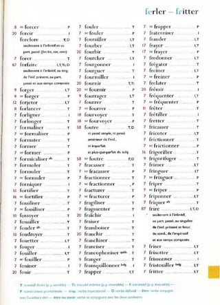 8 st, forcer
20 forcir
forclore
P
.. T,D
seulement à l'infinitif et au
part. passé «(ordos, ose, oses)
7 fore r ...
67 forfaire
T
I,T,Ti,D
seulement:fl l'infinitif, au sing.
de l'ind. présent, au part.
passe et aux temps composés
9 forger I,T
9 st' forger .. P
12 forjeter " I,T
8 forlancer T
7 forligner . .. 1
7 forlonger T
7 formaliser T
7 sc formaliser P
7 formater T
7 former T
7 se former P
7 formicaliser ·k T
7 formoler T
7 formuler T
7 se formuler P
7 fO/'niquer
16 fortifier ... .. T
1
6 se fortifier P
7 fossiliser T
7 se fossiliser P
18 fossoyer T
7 fouailler T
7 fouder air. T
18 foudroyer T
7 fouetter ..... l,T
9 fouger .
7 fouiller l,T
7 st' fouiller .. P
7 fouiner
20 fouir .... T
7 foul er
7 sc fouler
7 fourailler
7 fourber ...
20 fourbir
7 fourcher ..
7 fourgonner
7 fourguer
7 fourmiller
20 fournir
20 se fournir
9 fourrager
7 fourrer
7 se fourrer
1
8 fourvoyer
T
P
I,T
I,T
T
I,T
... T
T,Ti
P
I,T
T
P
T
.P
1
8 se four voyer
58 foutre .. . T,D
ni passé simple, ni passé
antérieur de l'ind.,
ni imparfait
ni plus-que'parfait du subi.
58 se foutre P, D
7 fracasser T
7 sc fracasser P
7 fractionner .. ... T
7 sc fractionner , P
7 fracturer .. .T
7 se fracturer P
7 fragiliser .. T
7 fragmenter T
20 fraîchir
7 fraiser ...... T
7 framboiser T
20 franchir T
7 franchiser T
7 franciser .. .. ....... .. T
7 francophoniser quèb. . T
9 franger T
7 fransq uillonnel' belg.
7 frapper ...... .... .I,T
ferler - fritter
7 se frapper P
7 hater niser
7 frauder . I,T
17 frayer ... I,T
1
7 sc f.'ayer P
7 f.'edonner I,T
7 r.'égater .. T
7 freiner I,T
7 ,~ freiner P
7 frelater . T
20 frémir
7 fl'équenter I,T
7 St: fréquenter p
Il fréter T
7 frétill er ..
7 fl'etter T
7 fricasser .. T
7 fricoter I,T
7 fri ctionner .. T
7 sc frictionner ... P
16 frigorifier .. ..T
9 frigorifuger T
7 frimer .... . I,T
7 fringuer .... I.T
7 se fringuer.. ..... P
7 friper .T
7 sc friper ....... .p
7 fl'iponner .. .. I,T
7 friquer air .... .. , .. ... T
87 frire .., .... l,T, D
seulement. à l'infinit if,
au part. passé. au singulier
de l'ind. présent et futur.
du cond.. de l'Impêratif
et aux temps composés
7 friser ... ._ .... I,T
7 frisotter , I,T
7 frissonner
7 fristouiller bel!. . I,T
7 fd tter ....... I.T
T translUf direct (p p. vanable) ~ Ti tranSitif Indirect (p. p. lnv.anable) - t : intranSitif (p.p. Invarlabte) -
P c.onstrUCtlon pronommale - imp. vCfbe ,mper.;onnel - 0 : verbe defectJf - ê tre : ve,'be conlugue
iWeC l'auxlhau-E ~t,e - être o u avoir. verbe se conjuguant avec les deux .auxiliaires
 