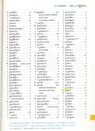 ·
œuvrer - se peIgner
16 panifier T 67 parfaire T,D 7 pa~teuriser T
7 paniquer I,T surtout -employé à l'infinitif, 7 pasticher T
7 se pamqupr p au part. passé 7 pastiller T
7 panneauter -- I,T et aux temps composés 7 pastiquer
7 panner T 7 parfiler -- T 7 patafioler T
7 panner T 58 parfondre T 9 patauger
7 panoramlcluer 7 parfumer T 7 pateliner I,T
12 pantder 7 se parfumer p 7 patenter T
7 pantoufler 16 parier I,T 7 pâter
7 papillonner 7 se parjurer p 7 patiente r
7 papilloter I,T 7 parkériser T 7 M' patienter af, p
7 papoter 7 parlementer 7 patiner I,T
7 papouiller T 7 parler _l,T,Ti 7 '" patiner p
10 parachever 7 se parler 20 ' -
T P patlr
7 parachuter T p. p. invariable 7 pâtis~er
7 parader 7 parlotpr 7 patoiser
7 parafer T 16 parodier T 7 patouiller . I.T
7 paraffiner T 7 pareluer I,T 7 patronnpr T
7 paraisonner T 12 parqueter T 7 patrouiller
69 paraître 1
, être ou avoi r 7 parramer T 7 patter T
7 paralléliser T 10 parsemer T 7 pâturer _ I,T
7 paralyser T 9 partager T 7 paumer T
7
,
parametrer T 9 sc partager p 7 se paumer p
7 parangonner T 7 participer Ti 18 paunloyer T
7 parapher 7 particular iser T 7
,
T
T paupenser
7 paraphraser T 7 ,,- particulariser p 7 pauser _
7 parasiter T 26 partir L être 7 'l" pa-aner p
7 parcellariser T 26 partir T,D 7 payer T
7 parceller T seulement â l'illftnitif dans 7 pavoiser I,T
7 parcelliser T l'expression avoir maille 17 payer I.T
7 se parcelliser p à parri, 11 SC payer p
7 parcheminer T 7 partouzer _1 7 peaufiner T
7 se parcheminer p 24 parvenir l,Ti, être 7 peausser
J4 pareounr T 7 passementer T Il pécher
7 pardonner I,T 7 passepoiler T 7 pÊcher I,T
7 se pardonner p 7 passer 1,T, être ou avoir 7 sc pécher p
7 parementer T 7 se passer p 7 pecquer af,_
7 parer T,TI 7 passionner T 7 pédaler
7 se parpr p 7 se passionner p 7 pelgnpr T
7 paresser 7 pasteller I,T 7 se p eigner p
T n"ansrtlf direct; (p. p. van:..ble) Ti cnnsmf mdlfect lP p tnv;:JnableJ - 1 In[r~nslUf tP p " p,blel
P COflStroCCion p,-ononllnllle - imp. verbe Impersonnel o vel'be defectlf - ê t.·e vt::r lIt! ......HIU~U~
--','<"1(: 11UXIllaire eCIt' - être ou avoir ,t:'l-bc ~'-- l.'--'lllu~lI3n[ avcl. ,I;:"S deu)'. ,oJ~lliuln.-,
 