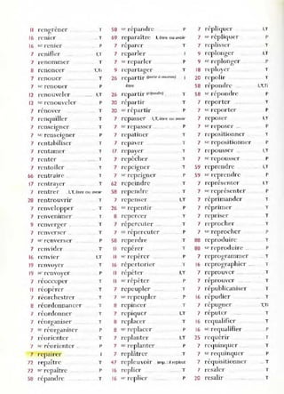 ,
Il r engrener
16 I-enler
16 se I-enier
7 renifler
7 renomme r
8 renoncer
7 renouer
7 se ren ouer
12 renou veler
Il se renouveler
7 rénover
7 renquiller
T
. T
P
I,T
T
T,T,
T
P
I,T
P
T
T
58 S~ répandre P
69 repal-aÎtl'e l, êue ou avoir
,
7 reparer T
7 l'eparler
7 '~ reparl cr P
9 repartager T
26 repartir (pCJrtJrc oouveclll)
être
26 repartir " épond,e) . T
20 répartir T
20 s,' r épartir P
7 repasser 1
.T, êt."e ou avoir
7 renseigner T 7 St· repasser .....
7 repatiner
P
7 sc renseigner P T
T
T
T
T
P
T
7 rentabiliser T 7 rep aver
7 rentamer T 17 repayer
7 renter T 7 l'epêche r
7 repeIgner
7 rentoiler T
66 rentraire . T 7 S~ repeigner
62 repeindre
58 rep endre
17 rentrayer T
7 rentre r .1.T. être ou aVOir . T
I,T
P
28 rentrouvrir T 7 l'epenser
7 renvelopper T 26 se repentir
8 repercer
7 renvenimer
9 l-enverger .
7 renverser ..
7 SC' renverser
7 renvider
16 renvier
19 renvoyer
,
19 SC' renvoyer
,
7 reoccu per
Il réopérer
7 r~orch estrer
8 réordonnancer
7 réordonner
, .
7 reorganlser
7 sC' réorganiser
7 réorÎCnter
7 sC' rf-o rienter ..
7 repaIrer
72 repaître
72 '" repaître
58 répanùre
T
T
T
P
T
,
7 rep erculer ...
,
7 se repercuter
58 reperdre
,
Il reperer
T
T
P
T
T
,
I,T Il M· r eperer P
T 16 I-épertorier T
P Il I-ép ét er I,T
T Il se r ép éter P
T 7 rcpeupkr T
T 7 St' repeupler P
T 8 ,'epincer T
T 7 repiquer I.T
T 8 I-eplacer T
P 8 sr replacer P
T 7 replanter I,T
P 7 sc replanter P
7 replâtrer T
T 47 reple uvoir imp. : il repleut
P 16 replier T
T 16 ". r epl iCI' P
7 répliquer
7 '~répliquer
7 ,-eplisse!"
9 replonger
9 se replonger
18 repluyer
20 ,-epolir
58 répondre
58 se r éponrlre
7 reporter
7 sc r eporte r
7 reposer
7 st' r eposer
7 repositionner
7 sc repositionner
7 repousse r ..
7 sc n :pousscl'
59 reprendre
59 se reprenclre
7
,
represenLCr
7 se représenter
7 réprimander
, ,
7 repnm er
7 repnser
7 reprocher .
7 St' reprocher
88 reproùuire
88 sc r eproduire
I,T
P
T
I,T
.P
T
T
l,T,Ti
P
T
P
I,T
P
T
P
I,T
P
I,T
P
I.T
P
T
T
T
T
P
T
P
7 reprogrammer .. T
16 reprographier .. . T
7 reprouver .... T
,
7 reprouver T
7 l'épublicaniser T
16 répudier .. T
,
7 repugner T,Ti
,
7 reputer T
16 requalifier T
16 se r eq ualifier P
, '
25 requenr T
7 re<juinquer T
7 st: requinqu er P
7 réquisitionner .. T
l resaler T
20 resalir T
 