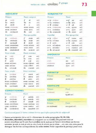 ve rbes en -altre croître 3" groupe
INDICATIF SUBJONCTIF
Présent Passé composé Présent Passé
., .,
Je ln,." J a. cru G'" JC (TOL";o.C (Ill!" J al('
tu tu
,
c ,-Ol$ as cru quc' tu c n)ISSCS (I llt tu a ' e~
il cr o it il a CI1J 'lU' i] crOIsse G
U' il ai.
no u~ l l~OJ~...( Ul~ n OLIs avonli {TU Ilv, n. en n'i:--I0Il!'t 'l"" n . ayo ns
VO liS croIssez VO liS avez cru ll'I<.· v. crOISSIez (Iul v. avez
J
ils cro issent ils ont cru '"lU' ils crois~cnt ~u ils aient
I mp~rfait Plus-que-parfait Imparfait Plus-que-parfaIt
., .,
Je lTfU"''''lll''i J av(us en . (lue Jf' ( "-U ."'~l' <juc J eUSse
tu croissaiS tu avaü: CI11 ' IU(' tu crusses 'lUt ' tu t'"usses
il Croissajt il avait cru CIU' il crut (lU' il CLlt
croissions
,
crussions
nous no us aVions cru 'lll~ n. <jlx ' n . euss.ons
vous crOIS~I C7. vous avi(,7 cru 'lu.... "'. CI1Jssicz (JU L' v. eUS~J CZ
ils croissaient ils avaie nt cru C
Il! ' ils e.-llssent qu O ils eus,ent
Passé simple Passé antérieur
IMPÉRATIF
.,
je Lr u ..: J C ll ~ cru
tu '-T US lu eus cru Présent Passe
il crut il c ut cru l'l"OI~ alC cr i
nous (.Tu rnes nOLis e ûmes en l l nu"...()I1~ ayo ns cru
vous cr" tes vous eûtes cn. ( T01SSCZ a) e7. cru
ils crurent il. elll'ent cn .
Futur SImple Futur antérieur
INFINITIF
,
Je (roÎtrai j' aUI'ai {TU
tu croitras tu
, Présent Passé
aura~ cru
il c ro.tra il dura cru crOl tn· J VO;I- crù
nous croltrons nous aurons L'Hl
vous c roitrc7 VOUS aurC7 cru
ils !CrO!tront ils auront enl PARTICIPE
Présent Passé
CONDITIONNEL
cnli"':-'l'Ilt " r u
Présent Passé
'avant cr'
,
jc' (. rollra i.,
.,
1 aurais cr u
tu CHll l r alS tu aurais cru GÉRONDIF
il cl'o.trait il aurait Ci l
nous eroitrions nous aUrio ns Cl ,
Prese nt Passé
vous cr oltl-je,.-. vou s auriez cru en croissant cn ayant ( T i l
ils cn ll lraic nt ib auraient (T I
Cond,t,onnel passé 2' forme : mèmes formes 'lue le plus-que-parfait du subjonctif
Forme surcomposée:flli eu crû (-.. Grammaire du verbe, paragraphes 92,141, 154).
Accroître, décroître, recroître se conjuguent sur ce modèle. S'ils prennent tous un
73
L'l'LI
crÛ
cl,î
.
cru
crLl
Cll J
(.']1J
( T li
l T
cru
Ln !
L'rtl
accent circonflexe sur l'i suivi d'un t, croître est le seul qui ait l'accent circonflexe aux formes
suivantes : je croÎS, tu croÎs~ je crûsp tu crûs. il crût, ifs crûrent~ que je cnîsse..., crû. crûe. crûs. crûes. pour le
distinguer des formes correspondantes du verbe croire. Noter cependant le participe passé recrû .
 