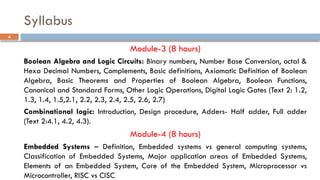 Syllabus
Module-3 (8 hours)
Boolean Algebra and Logic Circuits: Binary numbers, Number Base Conversion, octal &
Hexa Decimal Numbers, Complements, Basic definitions, Axiomatic Definition of Boolean
Algebra, Basic Theorems and Properties of Boolean Algebra, Boolean Functions,
Canonical and Standard Forms, Other Logic Operations, Digital Logic Gates (Text 2: 1.2,
1.3, 1.4, 1.5,2.1, 2.2, 2.3, 2.4, 2.5, 2.6, 2.7)
Combinational logic: Introduction, Design procedure, Adders- Half adder, Full adder
(Text 2:4.1, 4.2, 4.3).
Module-4 (8 hours)
Embedded Systems – Definition, Embedded systems vs general computing systems,
Classification of Embedded Systems, Major application areas of Embedded Systems,
Elements of an Embedded System, Core of the Embedded System, Microprocessor vs
Microcontroller, RISC vs CISC
4
 