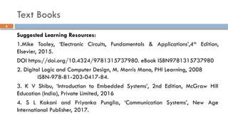 Text Books
Suggested Learning Resources:
1.Mike Tooley, ‘Electronic Circuits, Fundamentals & Applications’,4th
Edition,
Elsevier, 2015.
DOI https://doi.org/10.4324/9781315737980. eBook ISBN9781315737980
2. Digital Logic and Computer Design, M. Morris Mano, PHI Learning, 2008
ISBN-978-81-203-0417-84.
3. K V Shibu, ‘Introduction to Embedded Systems’, 2nd Edition, McGraw Hill
Education (India), Private Limited, 2016
4. S L Kakani and Priyanka Punglia, ‘Communication Systems’, New Age
International Publisher, 2017.
6
 