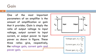 Gain
One of the most important
parameters of an amplifier is the
amount of amplification or gain
that it provides. Gain is simply the
ratio of output voltage to input
voltage, output current to input
current, or output power to input
power as shown in figure. These
three ratios give, respectively,
the voltage gain, current gain and
power gain.
69
 
