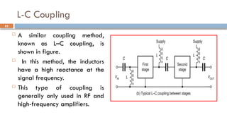 L-C Coupling
 A similar coupling method,
known as L–C coupling, is
shown in figure.
 In this method, the inductors
have a high reactance at the
signal frequency.
 This type of coupling is
generally only used in RF and
high-frequency amplifiers.
85
 