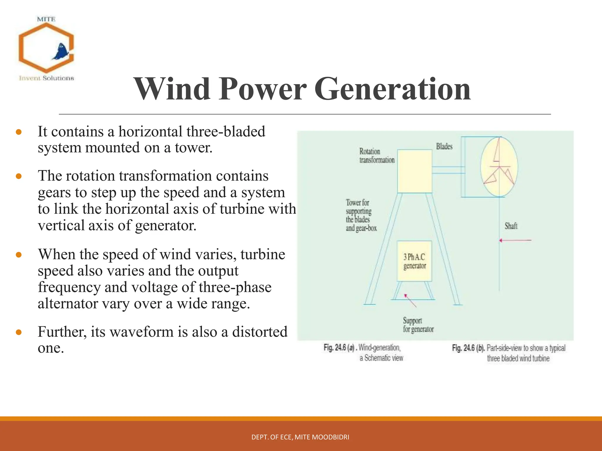 Wind Power Generation
 It contains a horizontal three-bladed
system mounted on a tower.
 The rotation transformation contains
gears to step up the speed and a system
to link the horizontal axis of turbine with
vertical axis of generator.
 When the speed of wind varies, turbine
speed also varies and the output
frequency and voltage of three-phase
alternator vary over a wide range.
 Further, its waveform is also a distorted
one.
DEPT.OF ECE,MITE MOODBIDRI
 