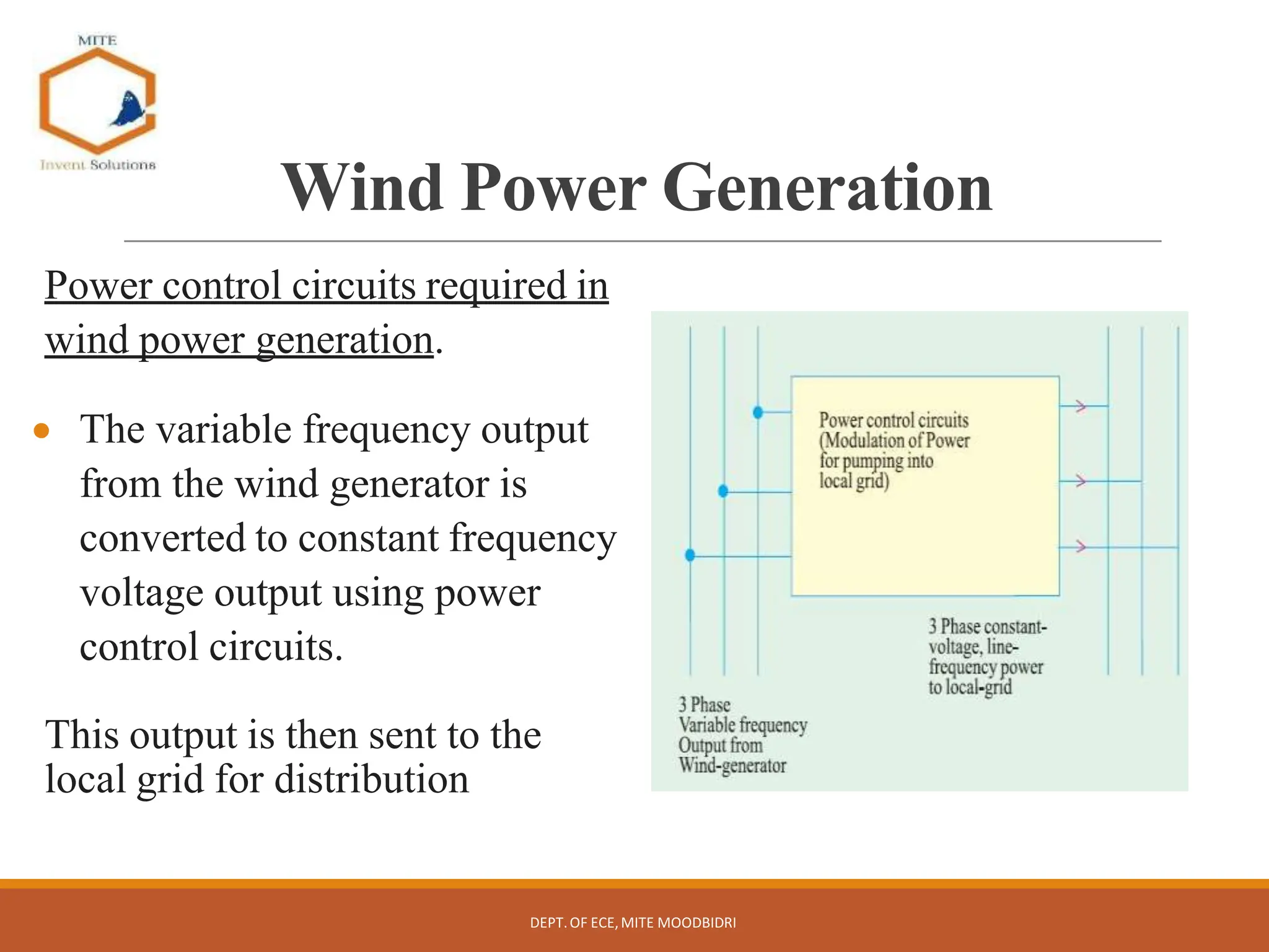 Wind Power Generation
Power control circuits required in
wind power generation.
 The variable frequency output
from the wind generator is
converted to constant frequency
voltage output using power
control circuits.
This output is then sent to the
local grid for distribution
DEPT.OF ECE,MITE MOODBIDRI
 
