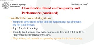 Classification Based on Complexity and
Performance (continued)
• Small-Scale Embedded Systems
• Simple in application needs and the performance requirements
are not time critical.
• E.g.: An electronic toy
• Usually built around low performance and low cost 8-bit or 16-bit
microprocessors/microcontrollers.
• May or may not contain an operating system for its functioning.
ar, ECE, RVITM
 