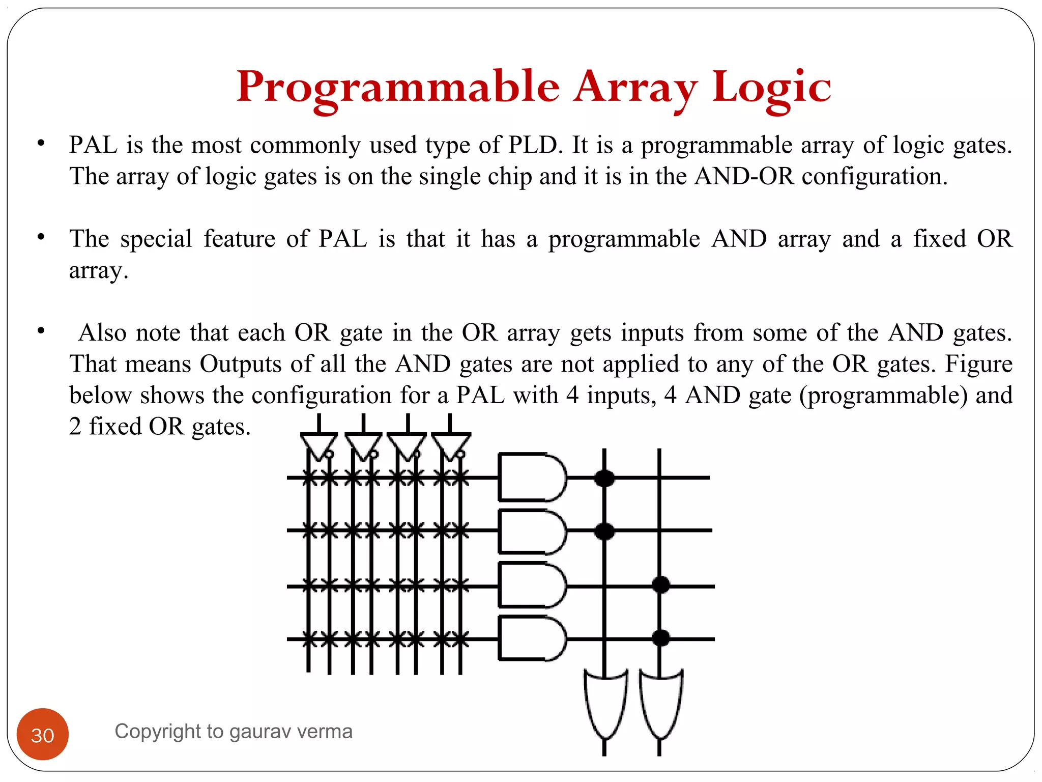 Programmable Array Logic
30
• PAL is the most commonly used type of PLD. It is a programmable array of logic gates.
The array of logic gates is on the single chip and it is in the AND-OR configuration.
• The special feature of PAL is that it has a programmable AND array and a fixed OR
array.
• Also note that each OR gate in the OR array gets inputs from some of the AND gates.
That means Outputs of all the AND gates are not applied to any of the OR gates. Figure
below shows the configuration for a PAL with 4 inputs, 4 AND gate (programmable) and
2 fixed OR gates.
Copyright to gaurav verma
 