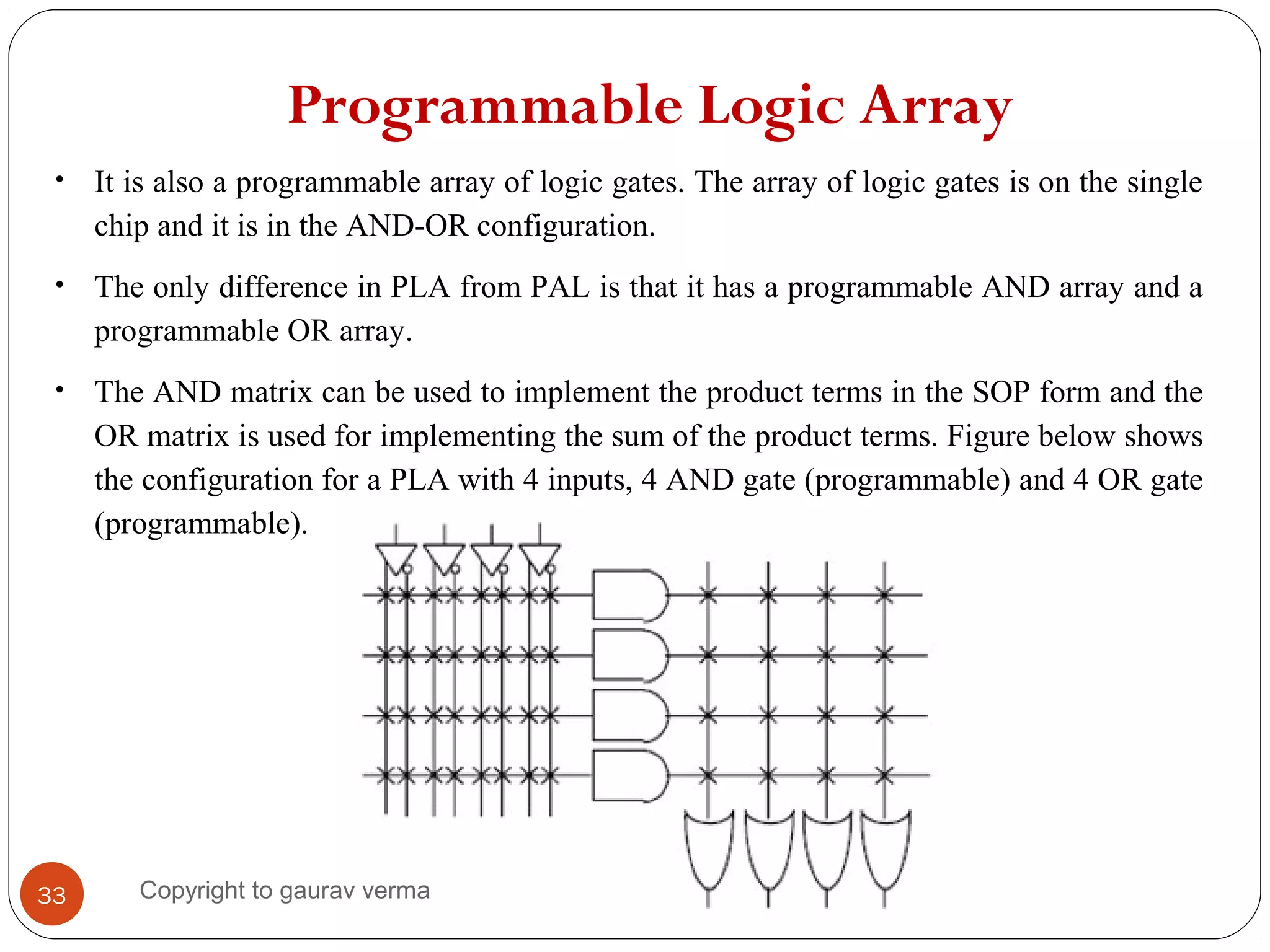 Programmable Logic Array
33
• It is also a programmable array of logic gates. The array of logic gates is on the single
chip and it is in the AND-OR configuration.
• The only difference in PLA from PAL is that it has a programmable AND array and a
programmable OR array.
• The AND matrix can be used to implement the product terms in the SOP form and the
OR matrix is used for implementing the sum of the product terms. Figure below shows
the configuration for a PLA with 4 inputs, 4 AND gate (programmable) and 4 OR gate
(programmable).
Copyright to gaurav verma
 