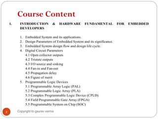 Course Content
2
1. INTRODUCTION & HARDWARE FUNDAMENTAL FOR EMBEDDED
DEVELOPERS
1. Embedded System and its applications.
2. Design Parameters of Embedded System and its significance.
3. Embedded System design flow and design life cycle.
4. Digital Circuit Parameters
4.1 Open collector outputs
4.2 Tristate outputs
4.3 I/O source and sinking
4.4 Fan-in and Fan-out
4.5 Propagation delay
4.6 Figure of merit
5. Programmable Logic Devices
5.1 Programmable Array Logic (PAL)
5.2 Programmable Logic Array (PLA)
5.3 Complex Programmable Logic Device (CPLD)
5.4 Field Programmable Gate Array (FPGA)
5.5 Programmable System on Chip (SOC)
Copyright to gaurav verma
 