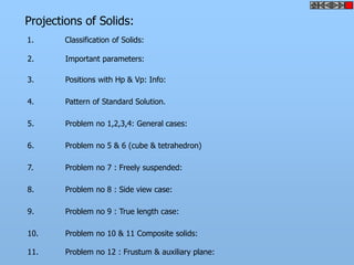 Projections of Solids:
1. Classification of Solids:
2. Important parameters:
3. Positions with Hp & Vp: Info:
4. Pattern of Standard Solution.
5. Problem no 1,2,3,4: General cases:
6. Problem no 5 & 6 (cube & tetrahedron)
7. Problem no 7 : Freely suspended:
8. Problem no 8 : Side view case:
9. Problem no 9 : True length case:
10. Problem no 10 & 11 Composite solids:
11. Problem no 12 : Frustum & auxiliary plane:
 