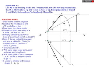 X Y
a’
1’
a
b’1
LTV
b1
1
b’
b
LFV


PROBLEM 4 :-
Line AB is 75 mm long .It’s Fv and Tv measure 50 mm & 60 mm long respectively.
End A is 10 mm above Hp and 15 mm in front of Vp. Draw projections of line AB
if end B is in first quadrant.Find angle with Hp and Vp.
SOLUTION STEPS:
1.Draw xy line and one projector.
2.Locate a’ 10 mm above xy and
a 15 mm below xy line.
3.Draw locus from these points.
4.Cut 60mm distance on locus of a’
& mark 1’ on it as it is LTV.
5.Similarly Similarly cut 50mm on
locus of a and mark point 1 as it is LFV.
6.From 1’ draw a vertical line upward
and from a’ taking TL ( 75mm ) in
compass, mark b’1 point on it.
Join a’ b’1 points.
7. Draw locus from b’1
8. With same steps below get b1 point
and draw also locus from it.
9. Now rotating one of the components
I.e. a-1 locate b’ and join a’ with it
to get Fv.
10. Locate tv similarly and measure
Angles  &
 