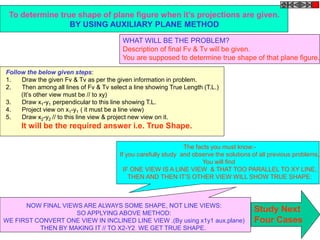 To determine true shape of plane figure when it’s projections are given.
BY USING AUXILIARY PLANE METHOD
WHAT WILL BE THE PROBLEM?
Description of final Fv & Tv will be given.
You are supposed to determine true shape of that plane figure.
Follow the below given steps:
1. Draw the given Fv & Tv as per the given information in problem.
2. Then among all lines of Fv & Tv select a line showing True Length (T.L.)
(It’s other view must be // to xy)
3. Draw x1-y1 perpendicular to this line showing T.L.
4. Project view on x1-y1 ( it must be a line view)
5. Draw x2-y2 // to this line view & project new view on it.
It will be the required answer i.e. True Shape.
The facts you must know:-
If you carefully study and observe the solutions of all previous problems,
You will find
IF ONE VIEW IS A LINE VIEW & THAT TOO PARALLEL TO XY LINE,
THEN AND THEN IT’S OTHER VIEW WILL SHOW TRUE SHAPE:
NOW FINAL VIEWS ARE ALWAYS SOME SHAPE, NOT LINE VIEWS:
SO APPLYING ABOVE METHOD:
WE FIRST CONVERT ONE VIEW IN INCLINED LINE VIEW .(By using x1y1 aux.plane)
THEN BY MAKING IT // TO X2-Y2 WE GET TRUE SHAPE.
Study Next
Four Cases
 