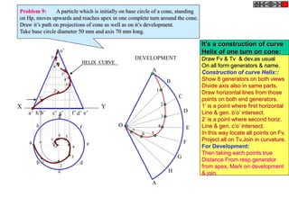 X Y
e’a’ b’ d’c’ g’ f’h’
o’
h
a
b
c
d
e
g
f
O
DEVELOPMENT
A
B
C
D
E
F
A
G
H
O
1
2
3
4
6 5
7
1’
2’
3’
4’
5’
6’
7’
1
2
3
4
56
7
HELIX CURVE
Problem 9: A particle which is initially on base circle of a cone, standing
on Hp, moves upwards and reaches apex in one complete turn around the cone.
Draw it’s path on projections of cone as well as on it’s development.
Take base circle diameter 50 mm and axis 70 mm long.
It’s a construction of curve
Helix of one turn on cone:
Draw Fv & Tv & dev.as usual
On all form generators & name.
Construction of curve Helix::
Show 8 generators on both views
Divide axis also in same parts.
Draw horizontal lines from those
points on both end generators.
1’ is a point where first horizontal
Line & gen. b’o’ intersect.
2’ is a point where second horiz.
Line & gen. c’o’ intersect.
In this way locate all points on Fv.
Project all on Tv.Join in curvature.
For Development:
Then taking each points true
Distance From resp.generator
from apex, Mark on development
& join.
 
